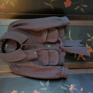 Bebe large brown 100% wool 3/4 sleeve jacket. Functional pockets. Cinch waist.